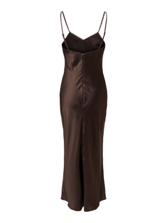 Summer Maxi Evening Slip Dress Satin Brown