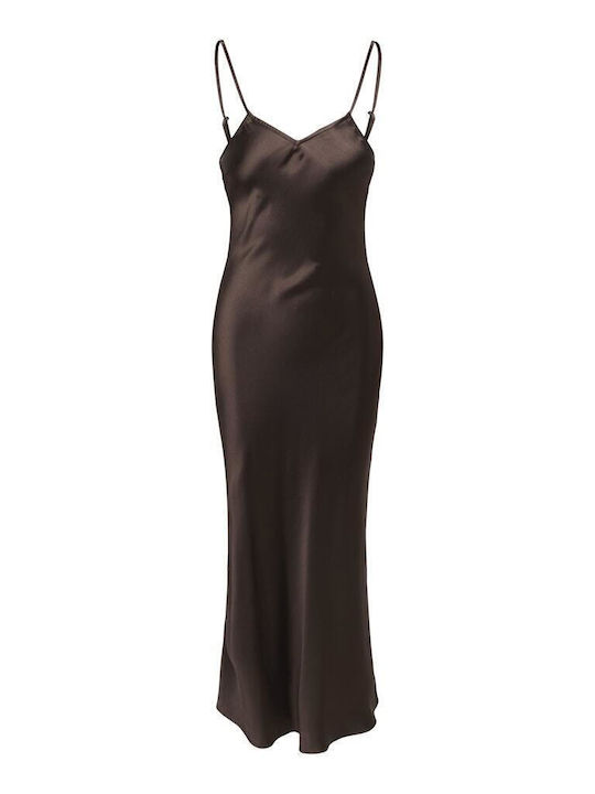 Summer Maxi Evening Slip Dress Satin Brown