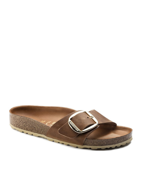 Madrid Big Buckle Oiled Leather Leather Women's Anatomic Sandals Cognac Narrow Fit