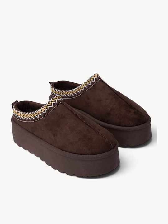 Καφέ Suede Clogs Πλατφόρμα Κεντητές Λεπτομέρειες