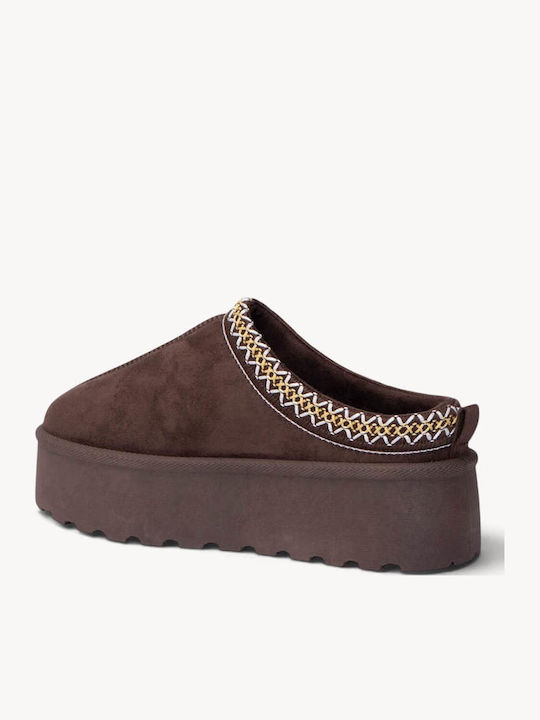 Καφέ Suede Clogs Πλατφόρμα Κεντητές Λεπτομέρειες