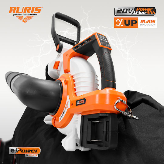 Ruris 1244e Φυσητήρας / Απορροφητήρας Χειρός 20V με 2 Μπαταρίες 4Ah & Ρύθμιση Έντασης με Μέγιστη Ταχύτητα Αέρα 288km/h
