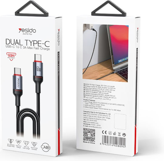 Yesido Geflochtenes Kabel USB-C männlich - USB-C 60W PD Schwarz 2m