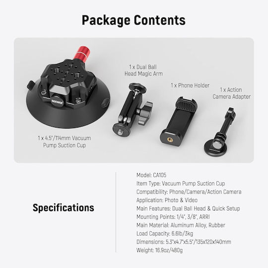 Suport Cu Ventuză Dslr 4.5 Inch Braț Magic Neewer Ca105 Pompă De Vid 60kg Suport 1/4 3/8 Filet Arri Gopro Insta360 Dji Adaptor Suport Pentru Telefon Mobil Inclus Aluminiu