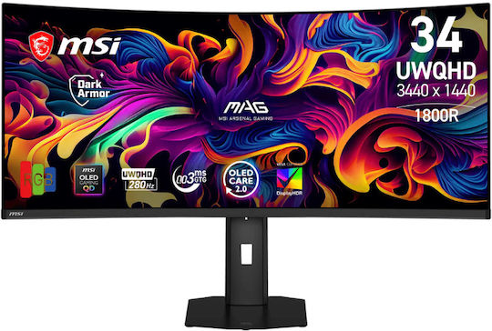 MSI MAG 341CQP X28 Ултраширок QD-OLED HDR Извит Gaming Монитор 34.18" QHD 3440x1440 280Hz с Време на реакция 0.03ms GTG