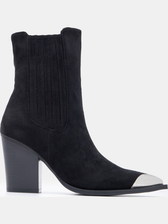 Suede Women's Ankle Boots Cowboy with High Heel Black