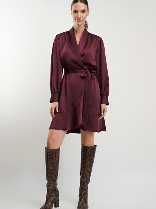 Sommer Mini Abend Hemdkleid Satin Wickel Burgundisch