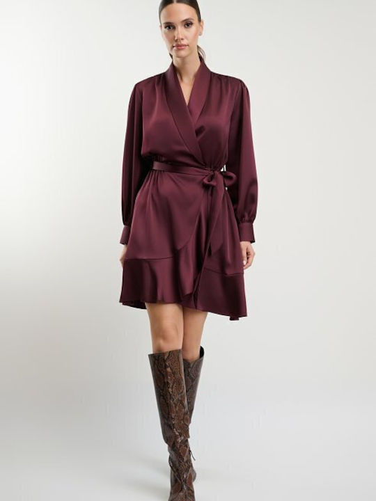 Sommer Mini Abend Hemdkleid Satin Wickel Burgundisch