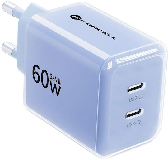 Forcell Încărcător GaN cu 2 Porturi USB-C și Cablu USB-C - USB-C 60W Power Delivery Albastru (F-energy)