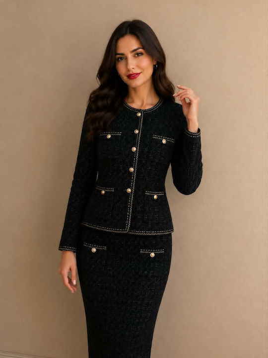 Set Cu Fustă Maxi Talie Înaltă Carou Neagră Cu Dungi Gri
