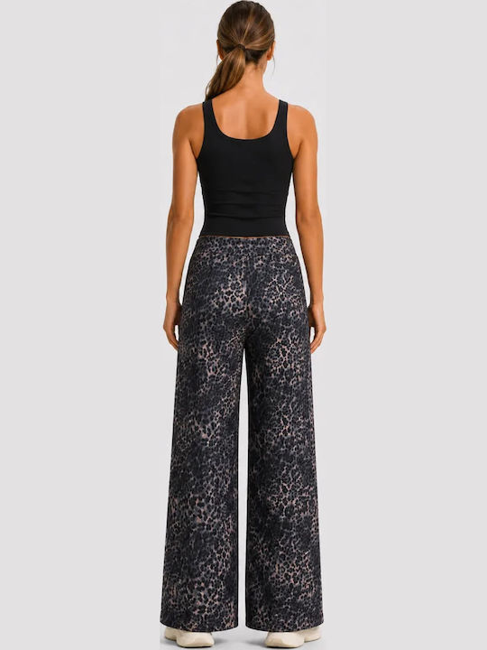 Women's High Rise Fabric Trousers Leopard Black