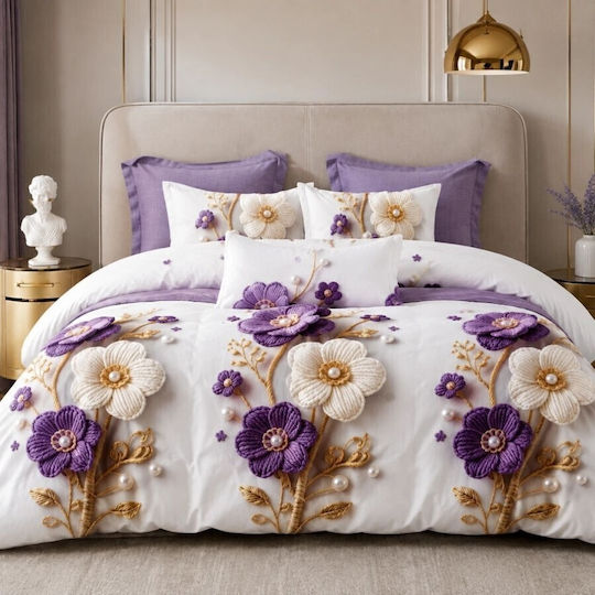 Pucioasa Σετ Διπλή 200x230cm Purple And Cream Flowers