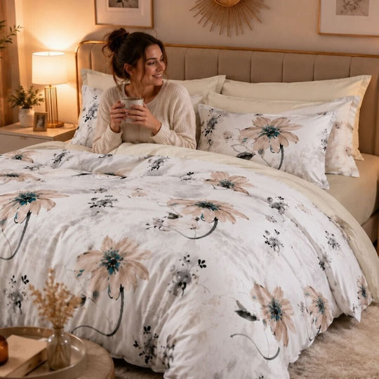 Pucioasa Set Duvet Cover 200x230cm Double with 4 Pillowcases and 1 Bed Sheet Beige Flowers 1