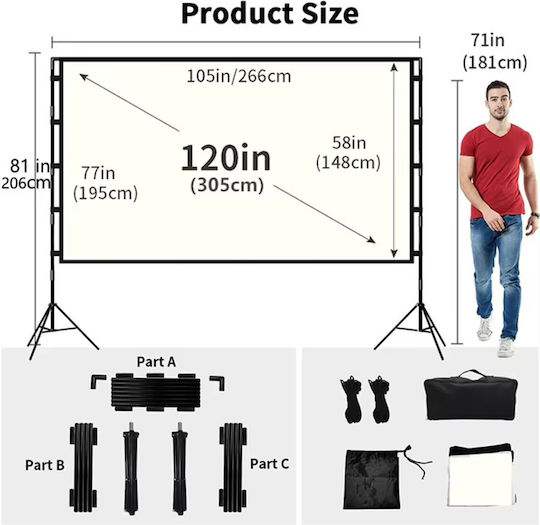 Екран за Проектор 120" 2 Трипода 4k Hd 16:9 Меко Бяло Платно Home Cinema 265x150cm