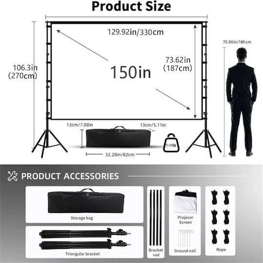 Екран за прожекция 150" 2 Трипода 4k Hd 16:9 Soft White Платно Home Cinema 330x187cm