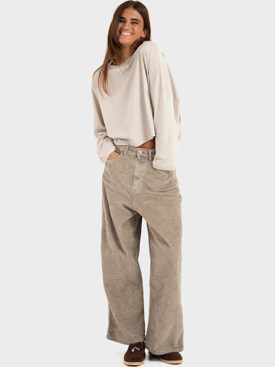 Bluza Damă Crop Top Bumbac Mânecă Lungă Bej