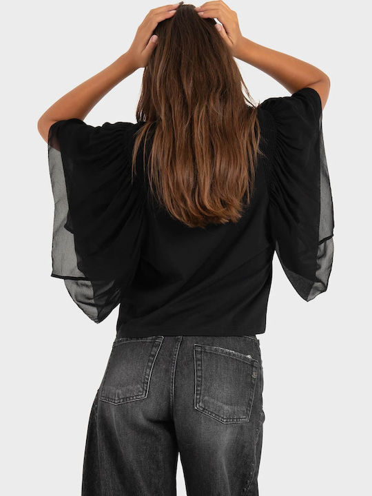 Women's Cotton Blouse with Mesh Black