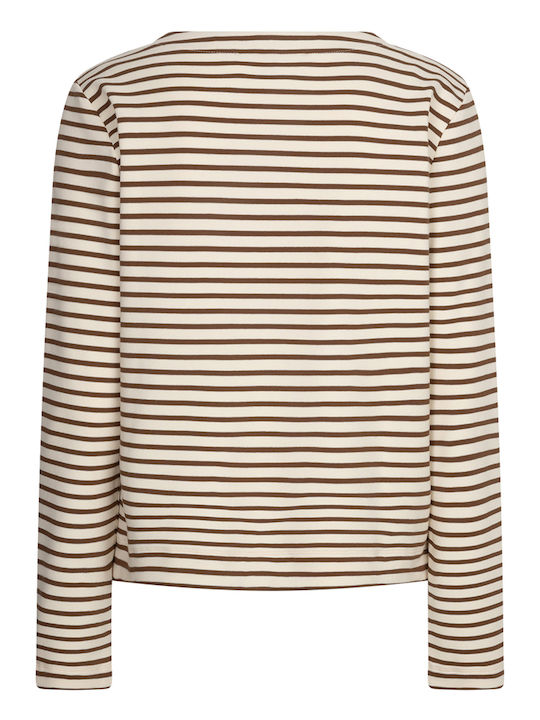 Damen Langärmeliges Baumwoll-Pullover Gestreift Praline