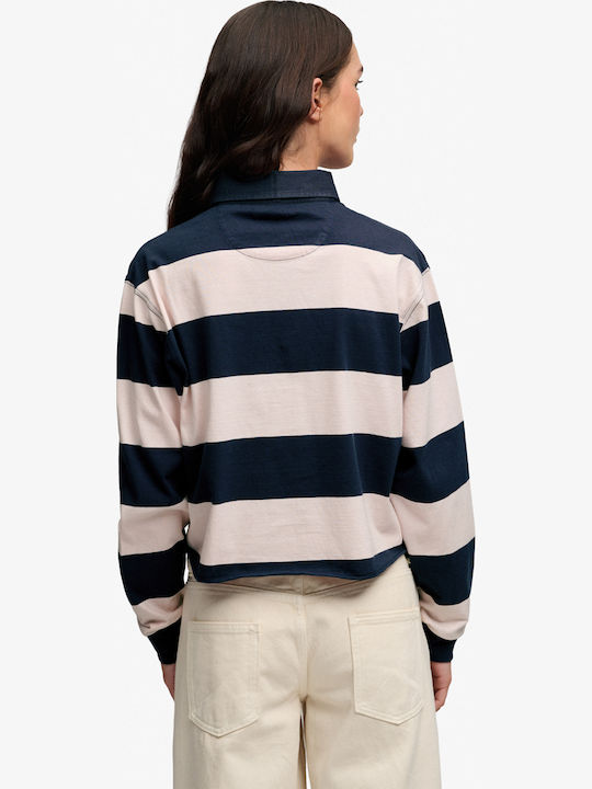 Damen Polo Bluse Gestreift Marineblau/Rosa
