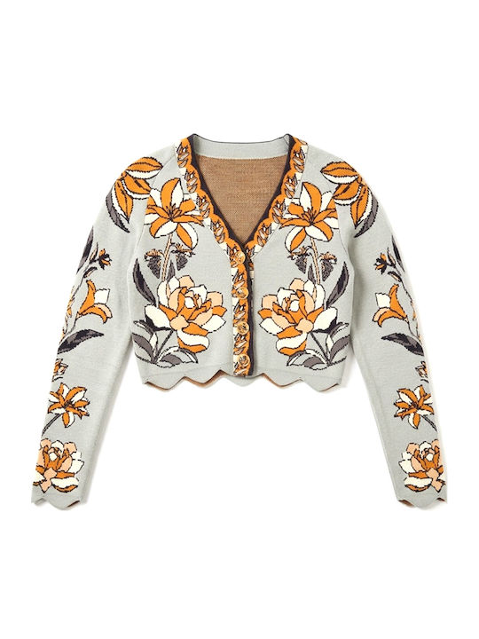 Short Knitted Women's Cardigan with Buttons Grey Black Orange