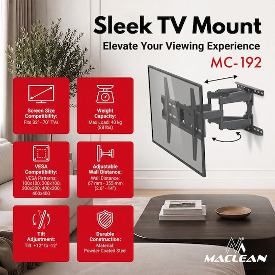 Maclean Energy MC-192 Wandmontage TV-Halterung Bis 70" und 40kg Schwarz