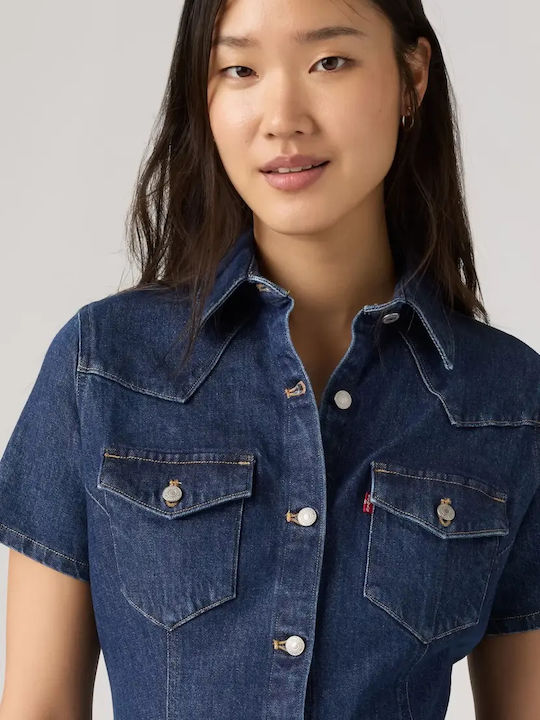 Western Summer Mini Shirt Dress Denim Blue