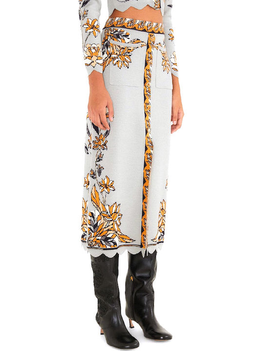 Hoch Taille Midi Blumenrock Grau- Schwarz- Orange