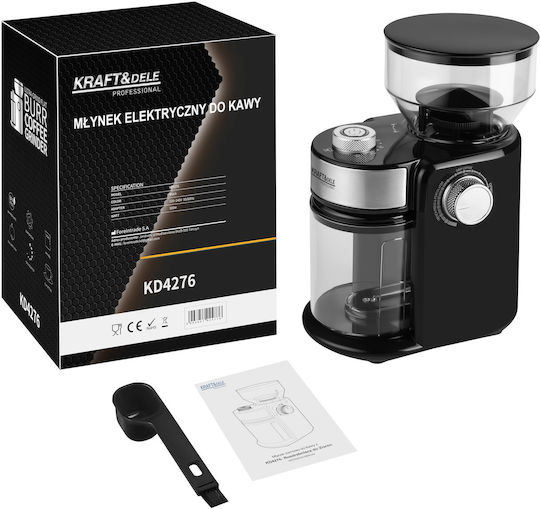 Kraft & Dele Râșniță Electrică de Cafea 300W cu Capacitate de 240gr și 14 Nivele de Măcinare Neagră