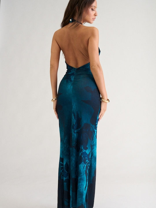 Rochie Maxi De Seara De Vară Jupon Spate Deschis Petrol