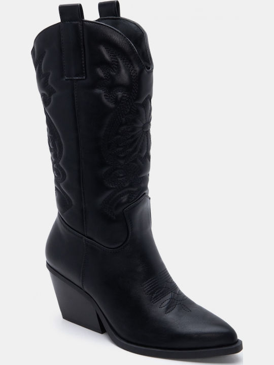 Suede Women's Cowboy Boots with Mid Heel Black