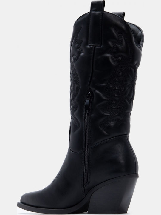 Suede Women's Cowboy Boots with Mid Heel Black