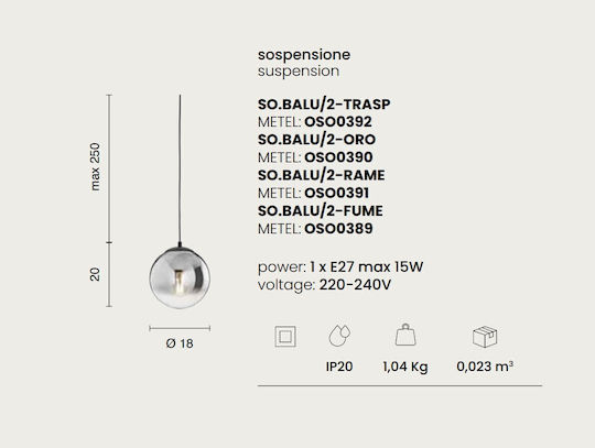 Ondaluce Copper Pendant Light with E27 Socket 18x18cm Ondaluce Copper Pendant Light with E27 Socket 18x18cm