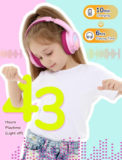 iClever Bth18 Căști Audio Wireless / Cu Fir Pentru Copii Over Ear Cu 43 Ore de Autonomie și Quick Charge Roz