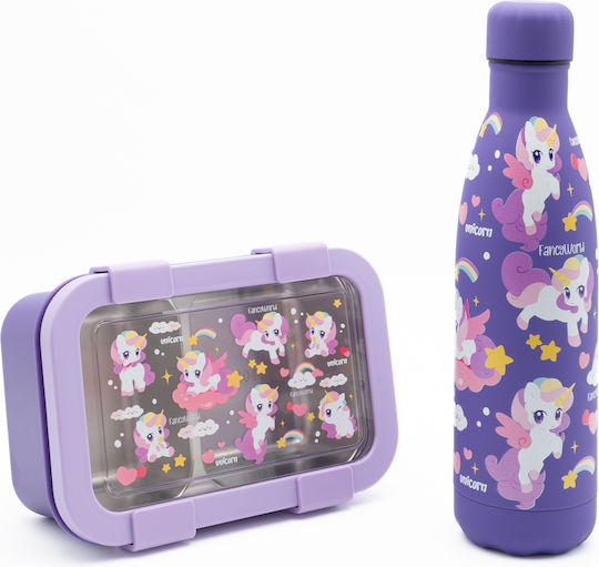Sidirela Happy Unicorns Edelstahl Kinderlebensmittelbehälter Abendessen-Set Einhörner 0,5 Liter Thermisch Lila