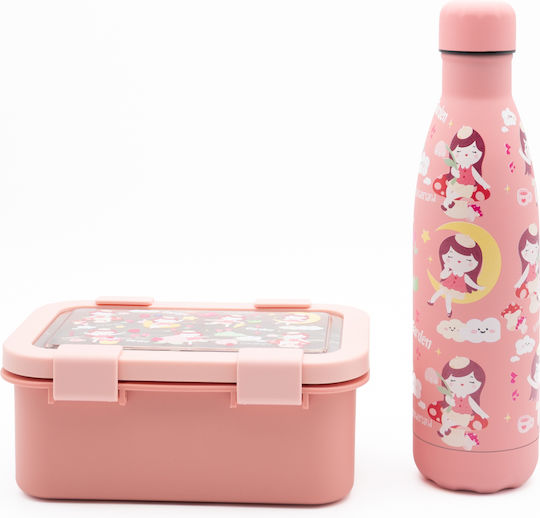 Sidirela Happy Garden Edelstahl Kinderlebensmittelbehälter Abendessen-Set 0.5Liter Thermisch Rosa