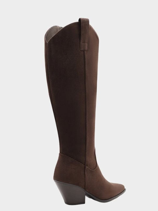 Suede Women's Cowboy Boots with High Heel Brown