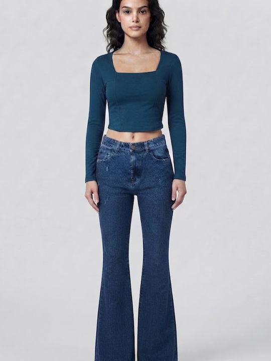 Γυναικείο Crop Top Μακρυμάνικο Πετρόλ