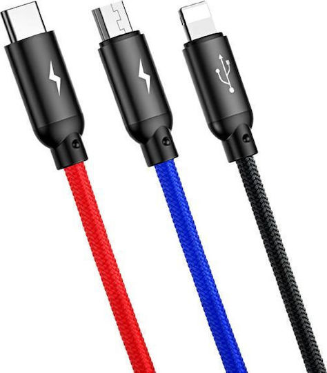Baseus USB към Type-C / Lightning / micro USB Кабел 3.5A Син 0.3m CAMLT-ASY01