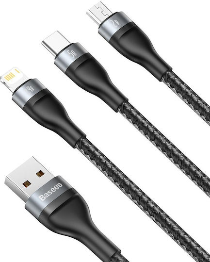 Baseus LED USB към Lightning / Type-C / micro USB Кабел 5A Черен 1.2m CA1T3-G1