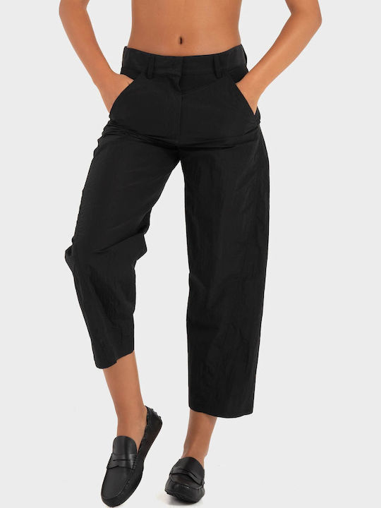 Damen Hochbund Stoff Capri Hose Schwarz