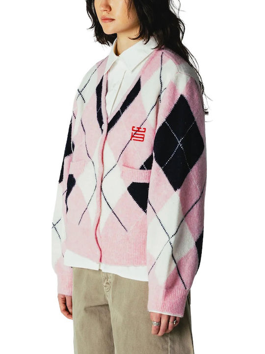 Lange Gestrickte Damen Strickjacke mit Knöpfen Weiß-Blau-Rosa