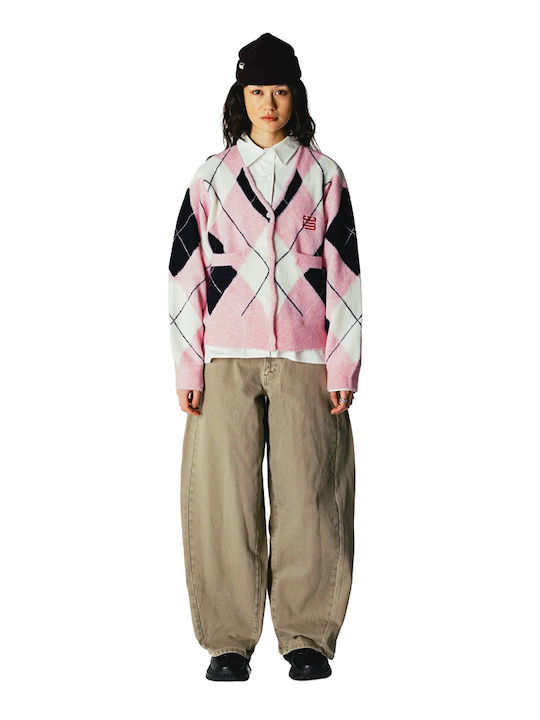 Lange Gestrickte Damen Strickjacke mit Knöpfen Weiß-Blau-Rosa