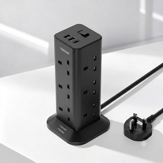 Tessan Steckdosenleiste 12 Anschlüsse mit 1 USB-A, Schalter und 3m Kabel