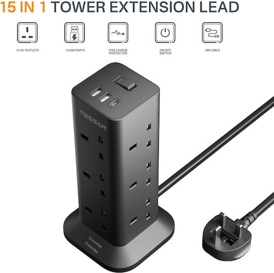 Tessan Steckdosenleiste 12 Anschlüsse mit 1 USB-A, Schalter und 3m Kabel