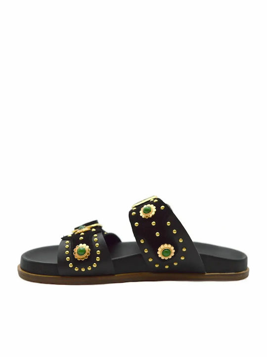 Leder Damen Anatomisch Flache Sandalen Schwarz