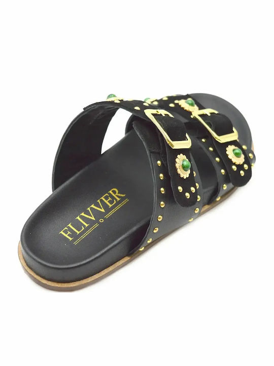 Leder Damen Anatomisch Flache Sandalen Schwarz