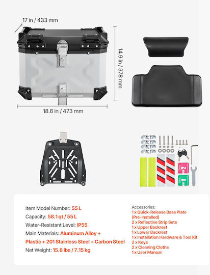 Vevor Motorrad-Topcase Aluminium 55lt Silber