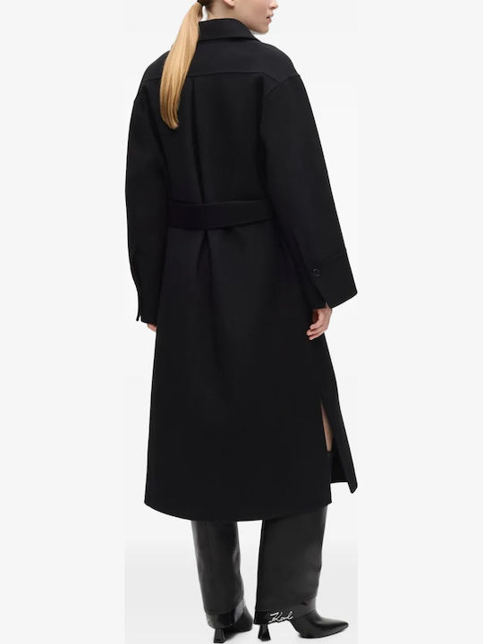 Wool Women's Coat Black with Belt