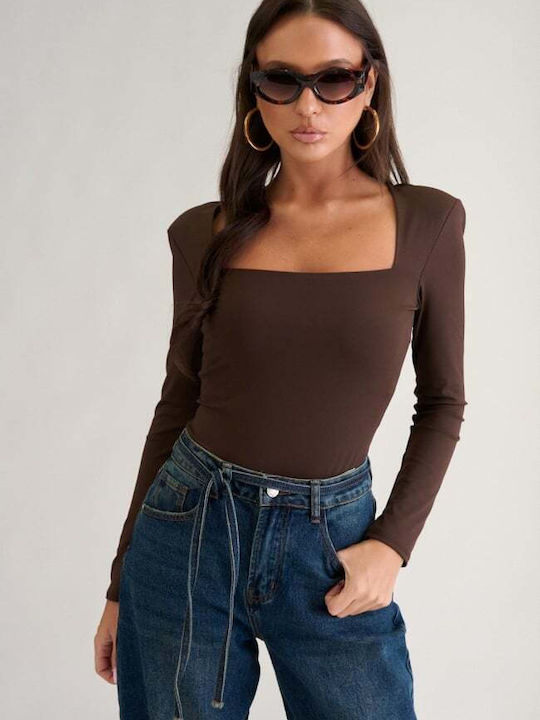 Decoro Damen-Bodysuit mit Rollkragen und Spitze Braun
