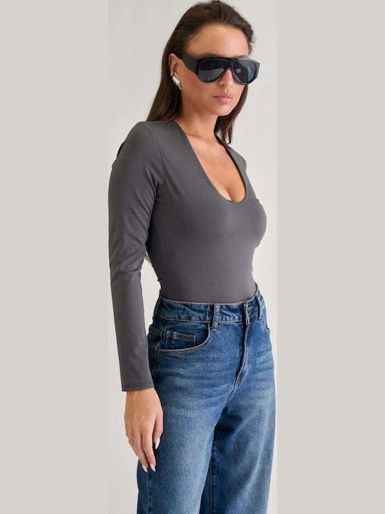 Decoro Damen-Bodysuit mit tiefem Dekolleté Anthrazit
